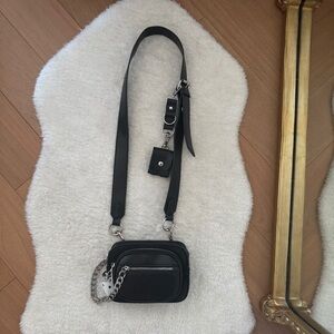 Black Leather Crossbody Bag with chain zipper, coin purse, casino charm